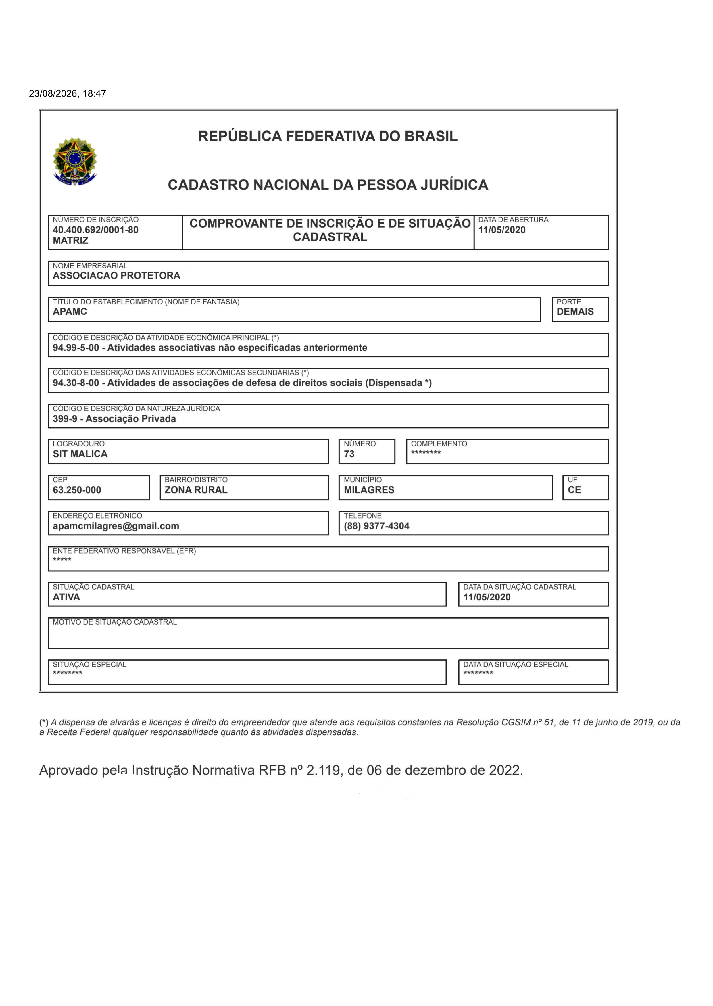 Comprovante do CNPJ